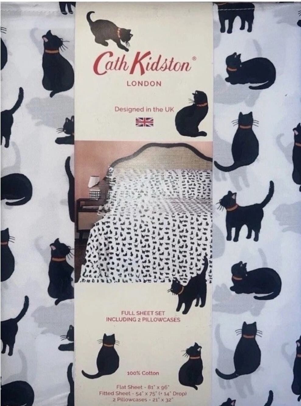 Cath Kidston Full Sheet Set Black Cats & White Halloween 100% Cotton Percale